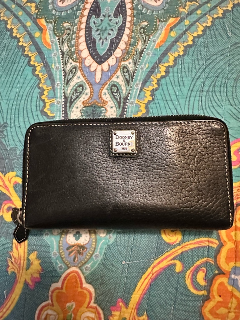 Dooney & Bourke Black Pebbled Leather Wallet with Metal Logo Plaque